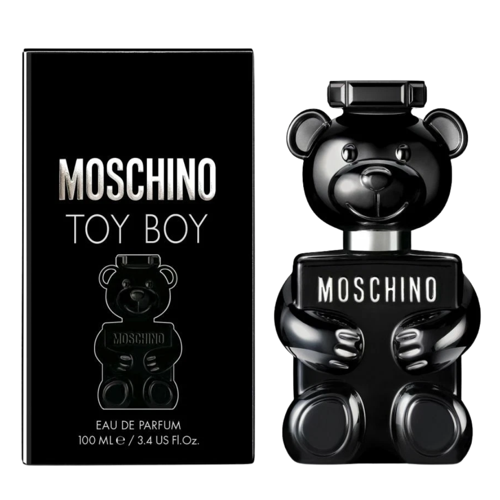 Black bear-shaped perfume bottle and matching box featuring Toy Boy EDP fragrance by Moschino