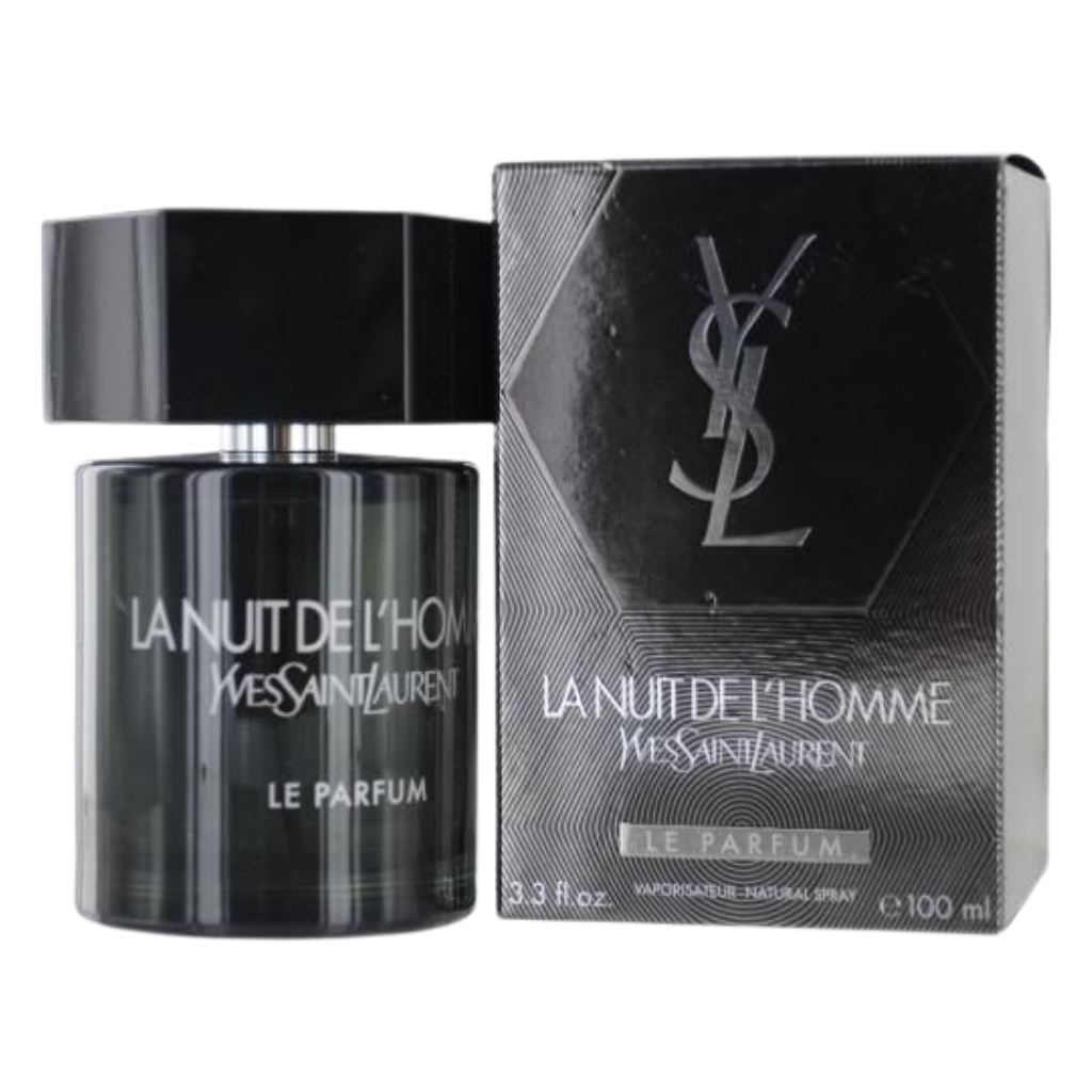 Black bottle and box of La Nuit De L'Homme Le Parfum with sleek modern design and silver text branding