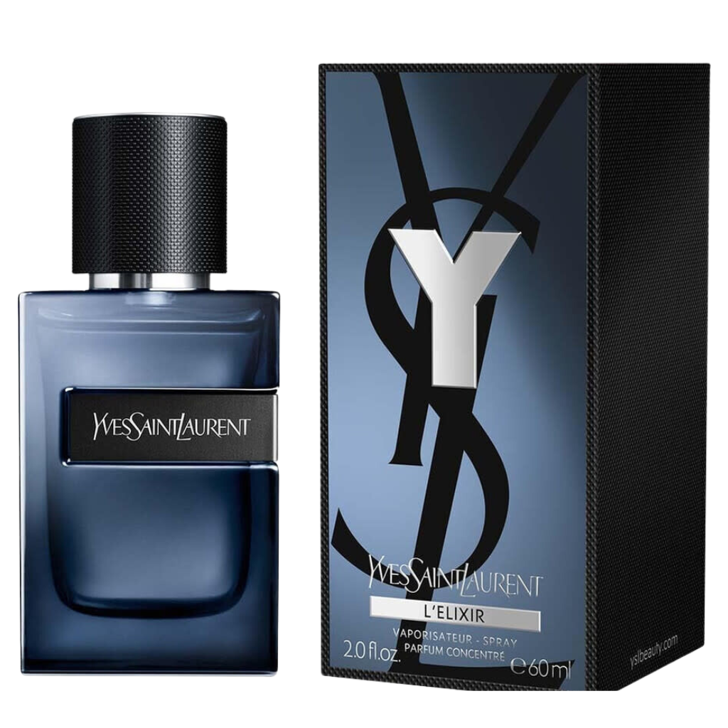 Dark blue Yves Saint Laurent Y Elixir Parfum bottle and matching packaging box against white background