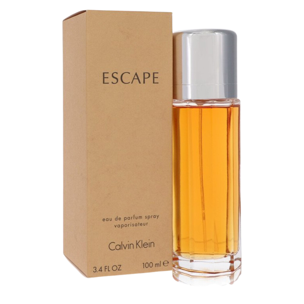 Escape EDP perfume bottle with orange liquid and silver cap next to simple brown box packaging by Calvin Klein