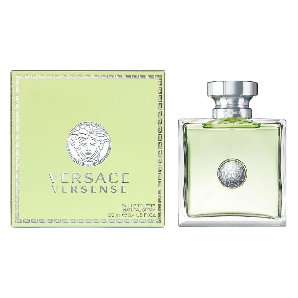 Versence EDT perfume bottle and packaging with silver cap and embossed logo in light green box and clear glass bottle