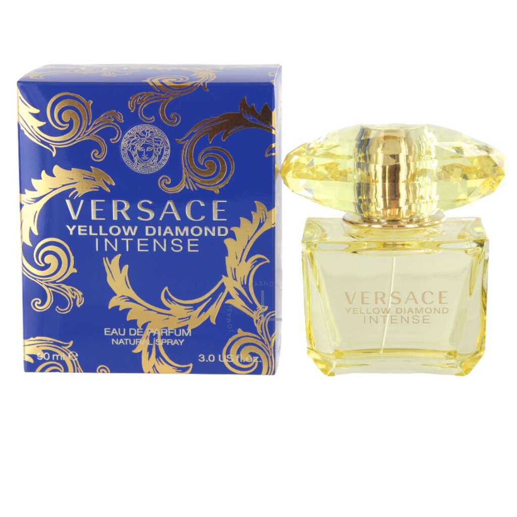 Versace Yellow Diamonds Intense EDP perfume bottle with ornate blue and gold packaging for luxury fragrance samples