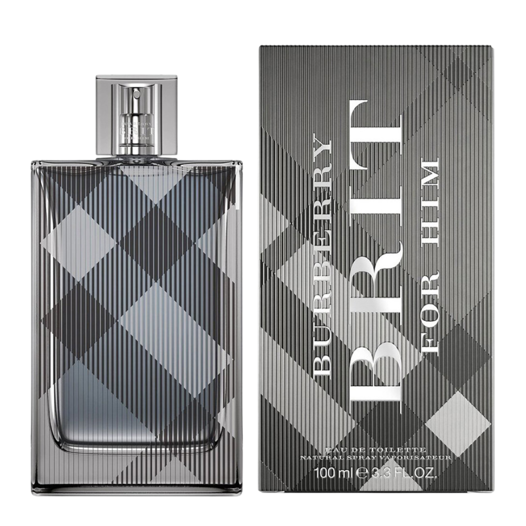 Clear rectangular glass bottle and matching box with plaid design for Brit For Him EDT fragrance by Burberry