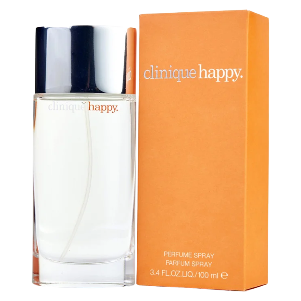 Clinique Happy EDP perfume spray bottle with orange box packaging for authentic fragrance decants USA.