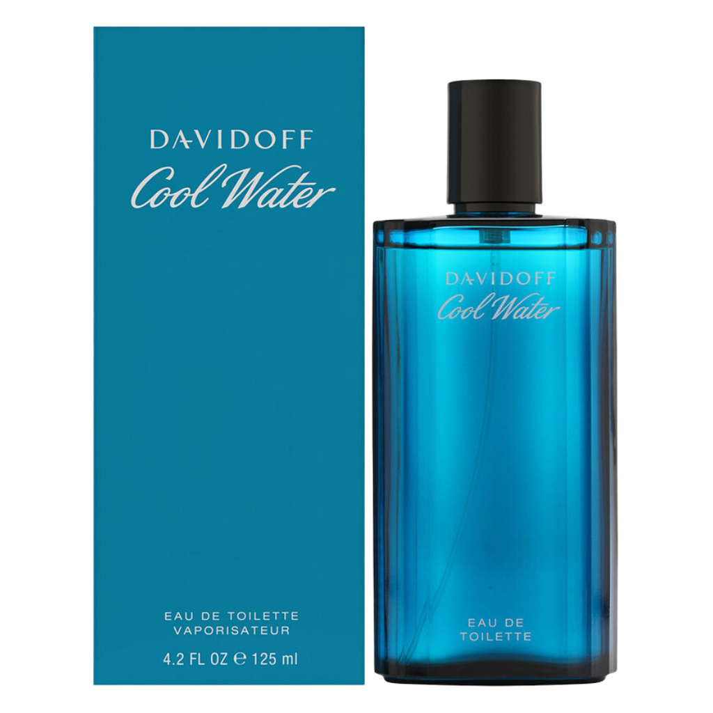 Blue perfume bottle and box of Cool Water Men EDT fragrance by Davidoff with black cap and white text