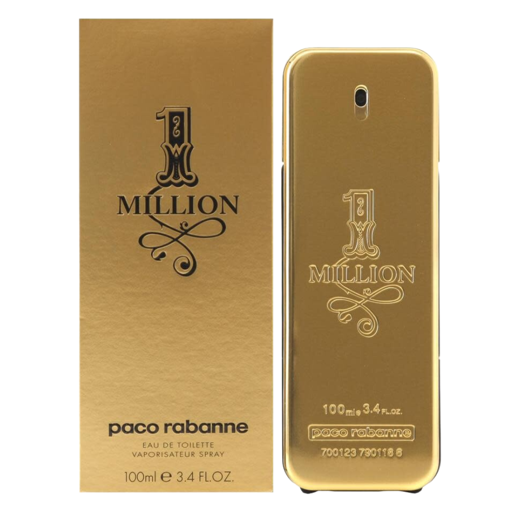 1 Million EDT perfume bottle and packaging in sleek gold color by paco rabanne, 100ml size