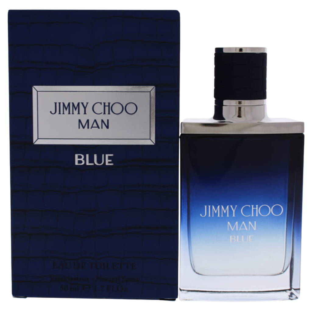 Man Blue EDT perfume bottle and box with blue gradient design and silver accents for men fragrance display