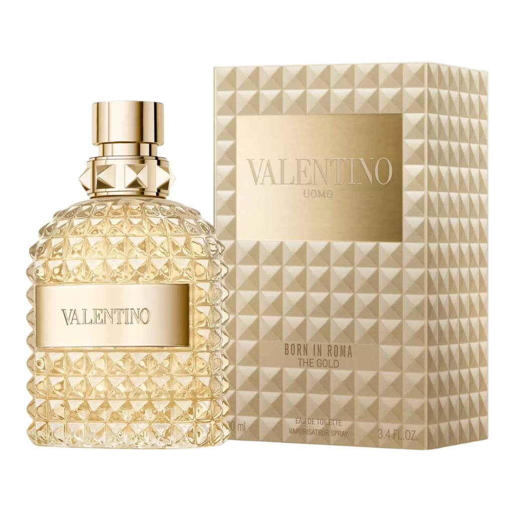 Uomo Born In Roma Gold EDT fragrance bottle and matching textured gold box in luxury design packaging