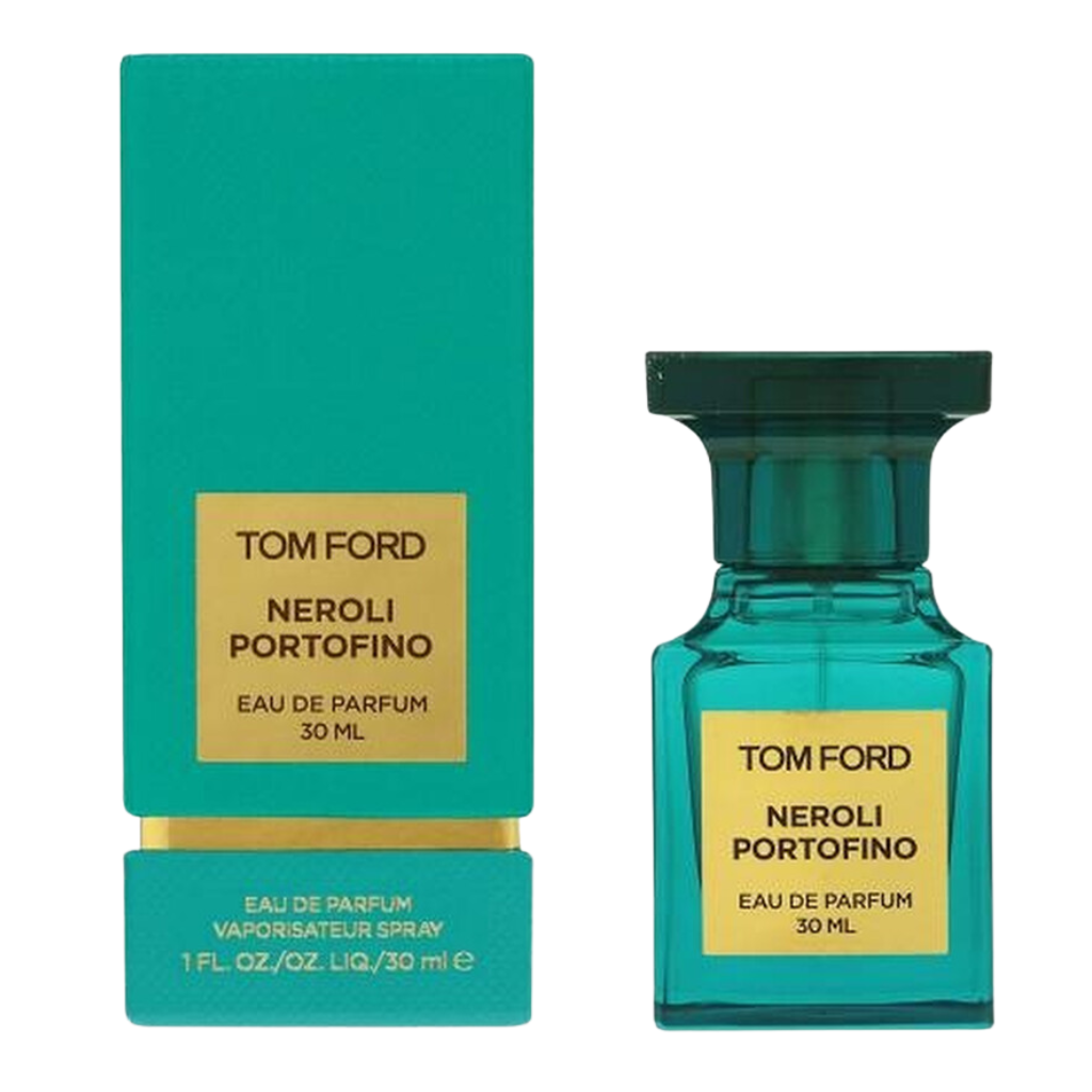 Neroli Portofino EDP perfume bottle and matching teal packaging with gold label detailing, luxury fragrance display