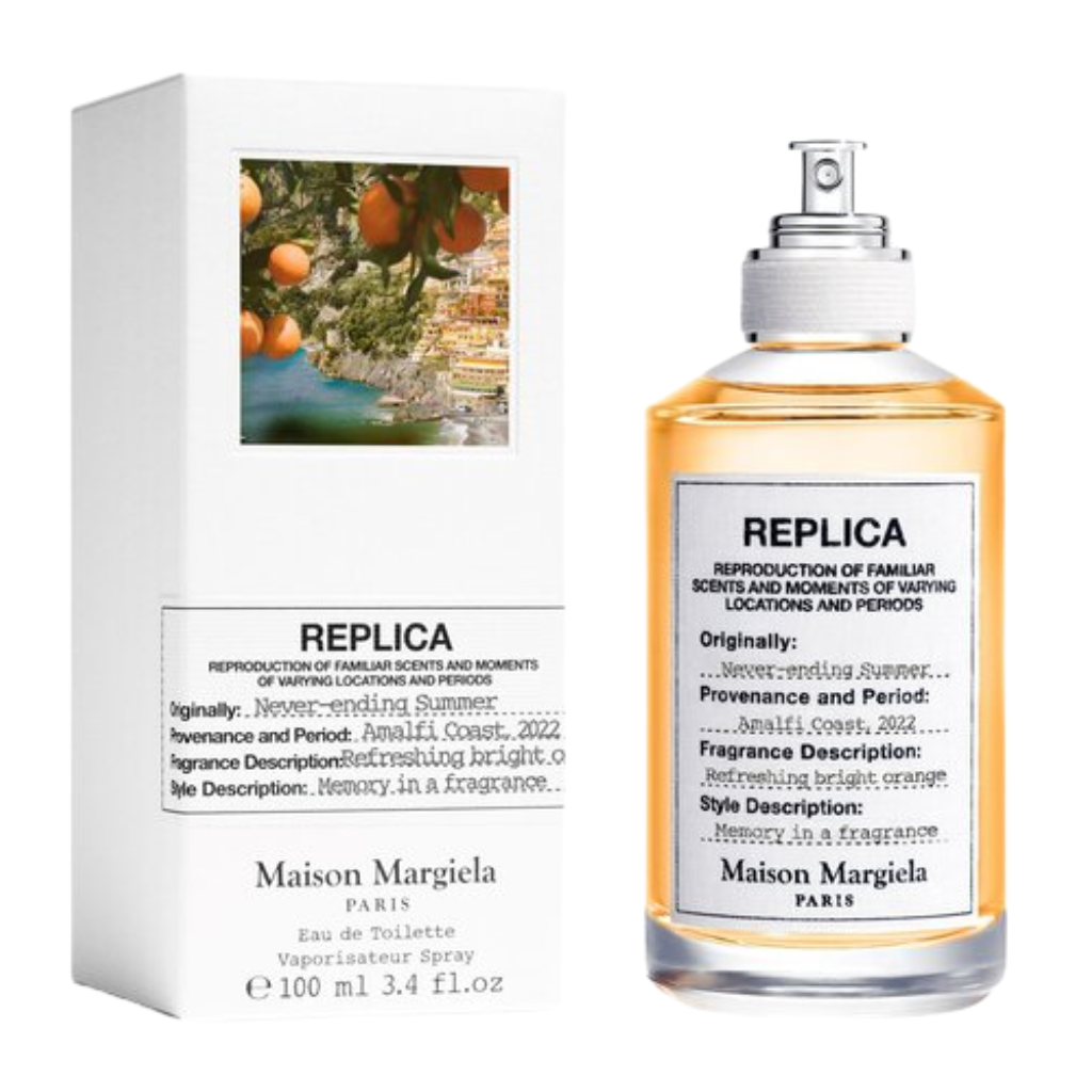 Replica Never Ending Summer EDT bottle and box with label showing bright orange fragrance inspired by Amalfi Coast.