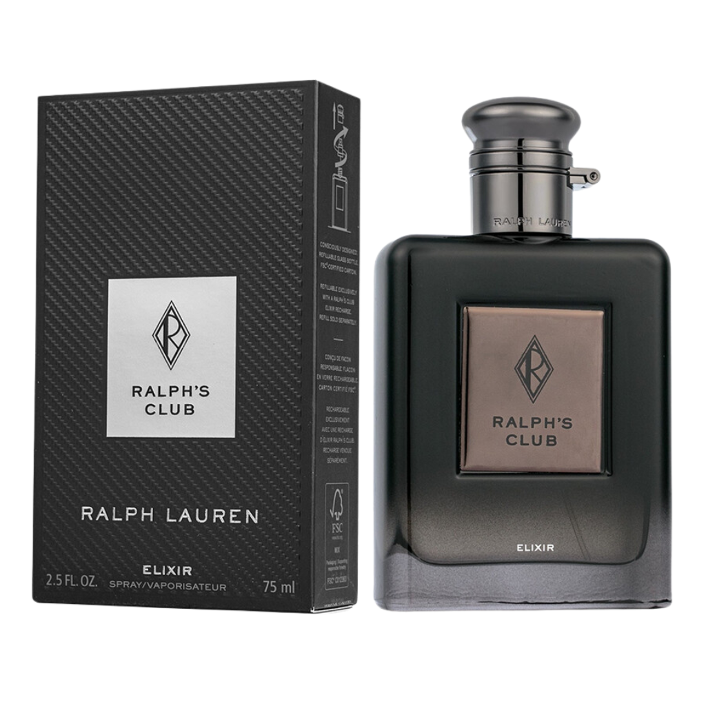 Ralph's Club Elixir EDP perfume bottle and black packaging box with silver accents and designer branding