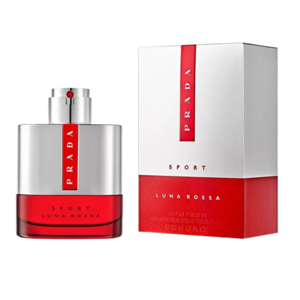 Luna Rossa Sport EDT in sleek silver and red bottle with matching upscale box, a designer fragrance decant option.