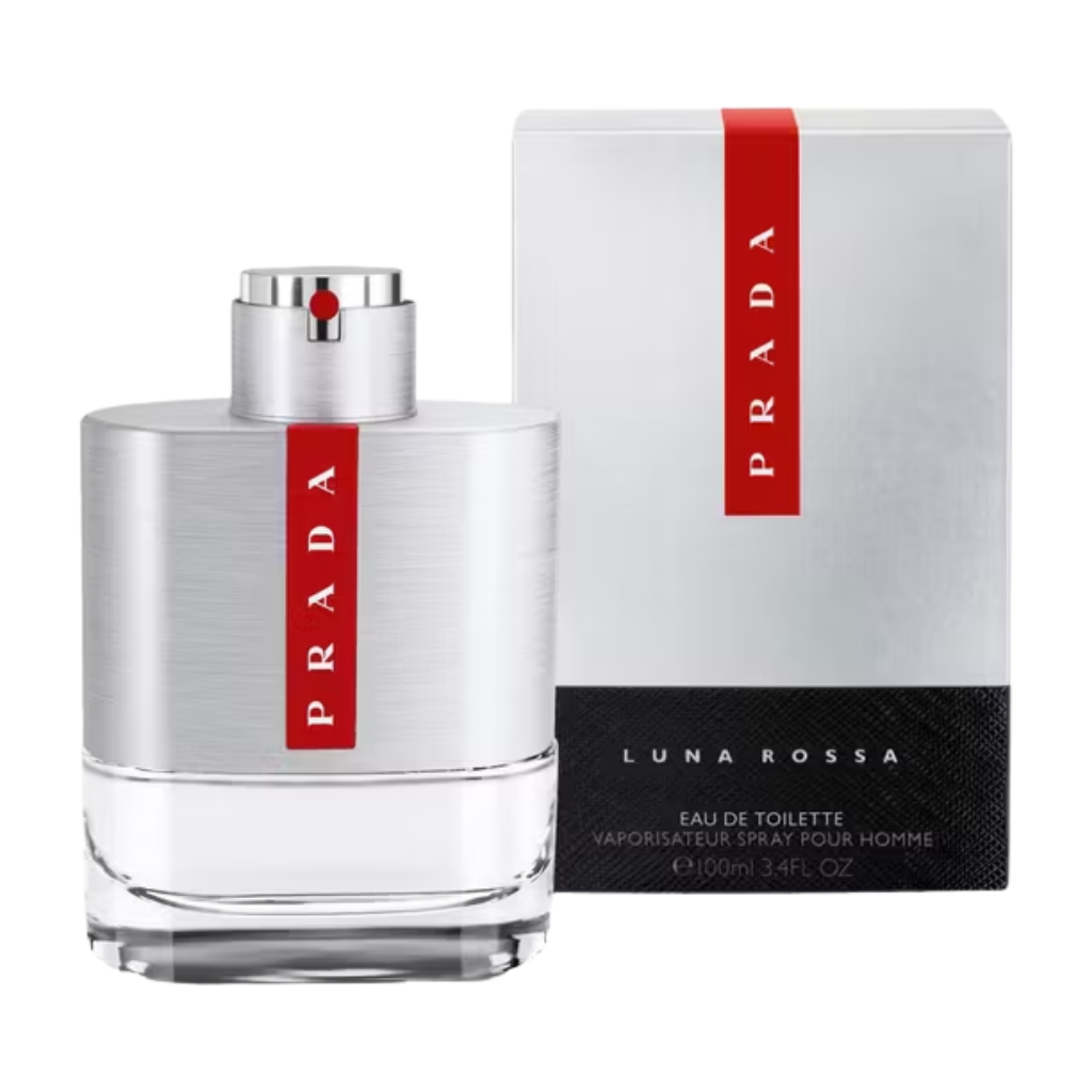 Luna Rossa EDT bottle and box with silver and red accents, a modern fragrance decant for men by Arvella Fragrance
