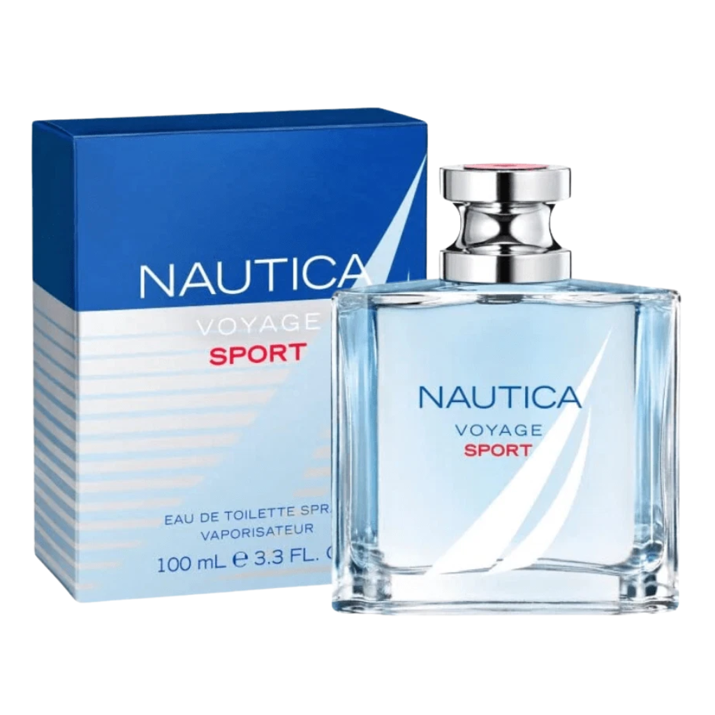 Voyage Sport EDT fragrance bottle and blue box packaging with silver cap and nautical design elements