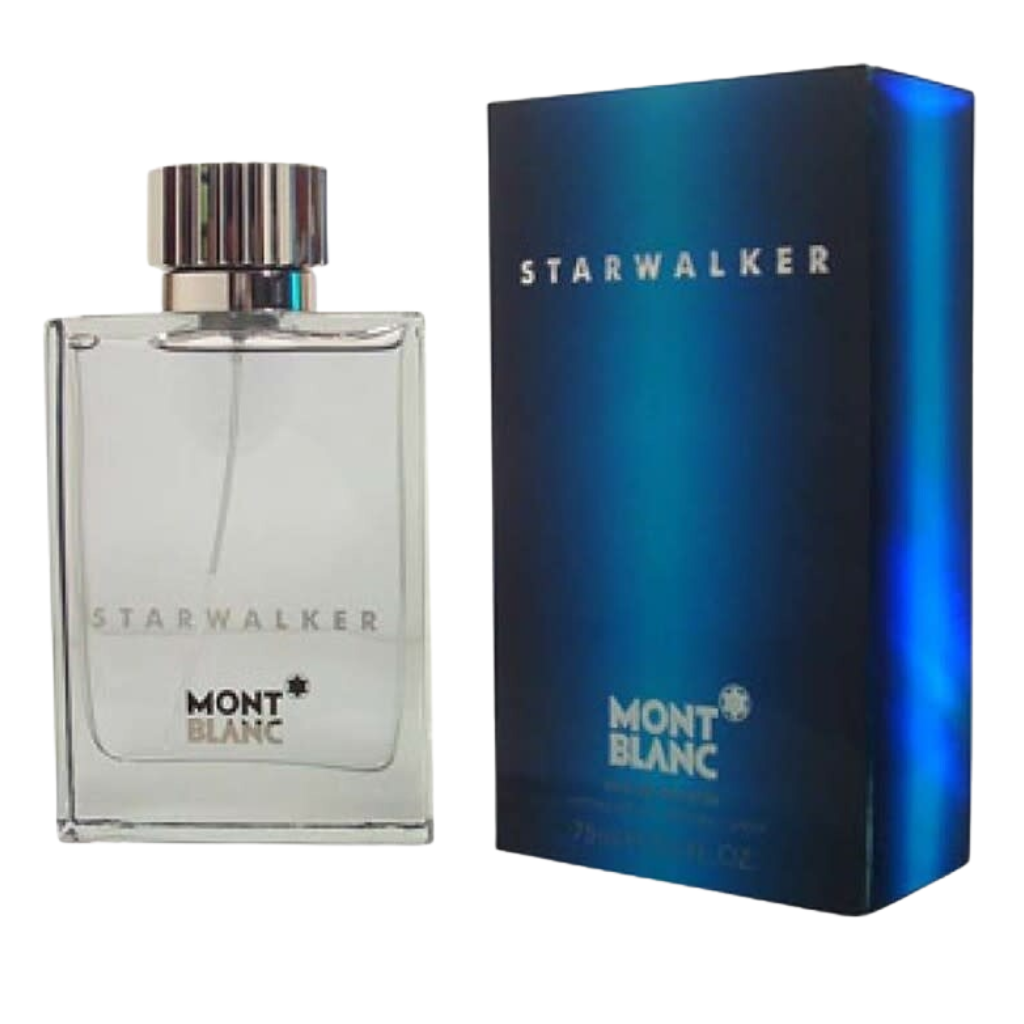 Clear glass bottle and blue box packaging of Starwalker EDT fragrance by Mont Blanc for men