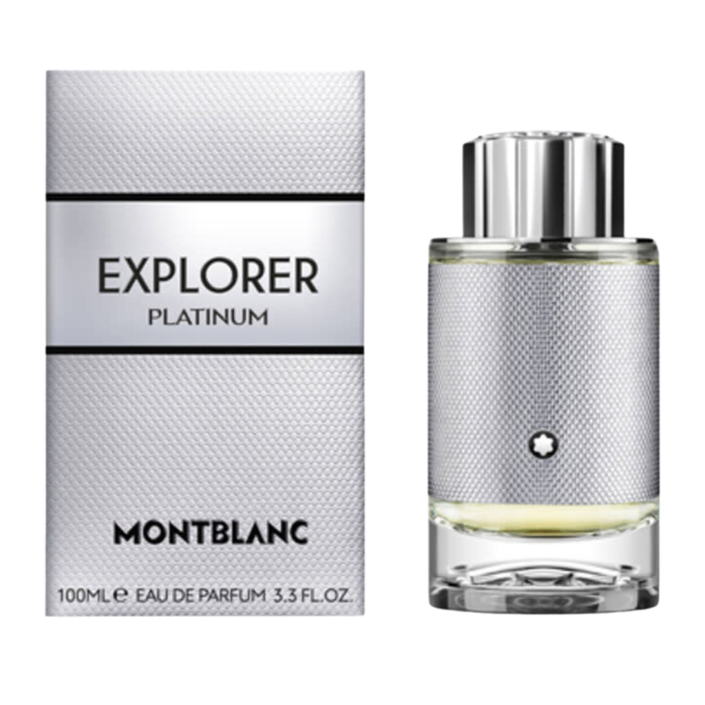 Montblanc Explorer Platinum EDP in a textured silver bottle alongside its matching silver box for luxury fragrance decants.