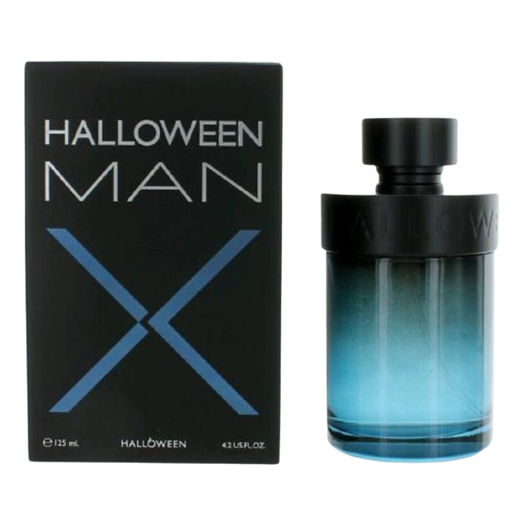 Halloween Man X EDT bottle with a black and blue gradient design next to its black packaging box.