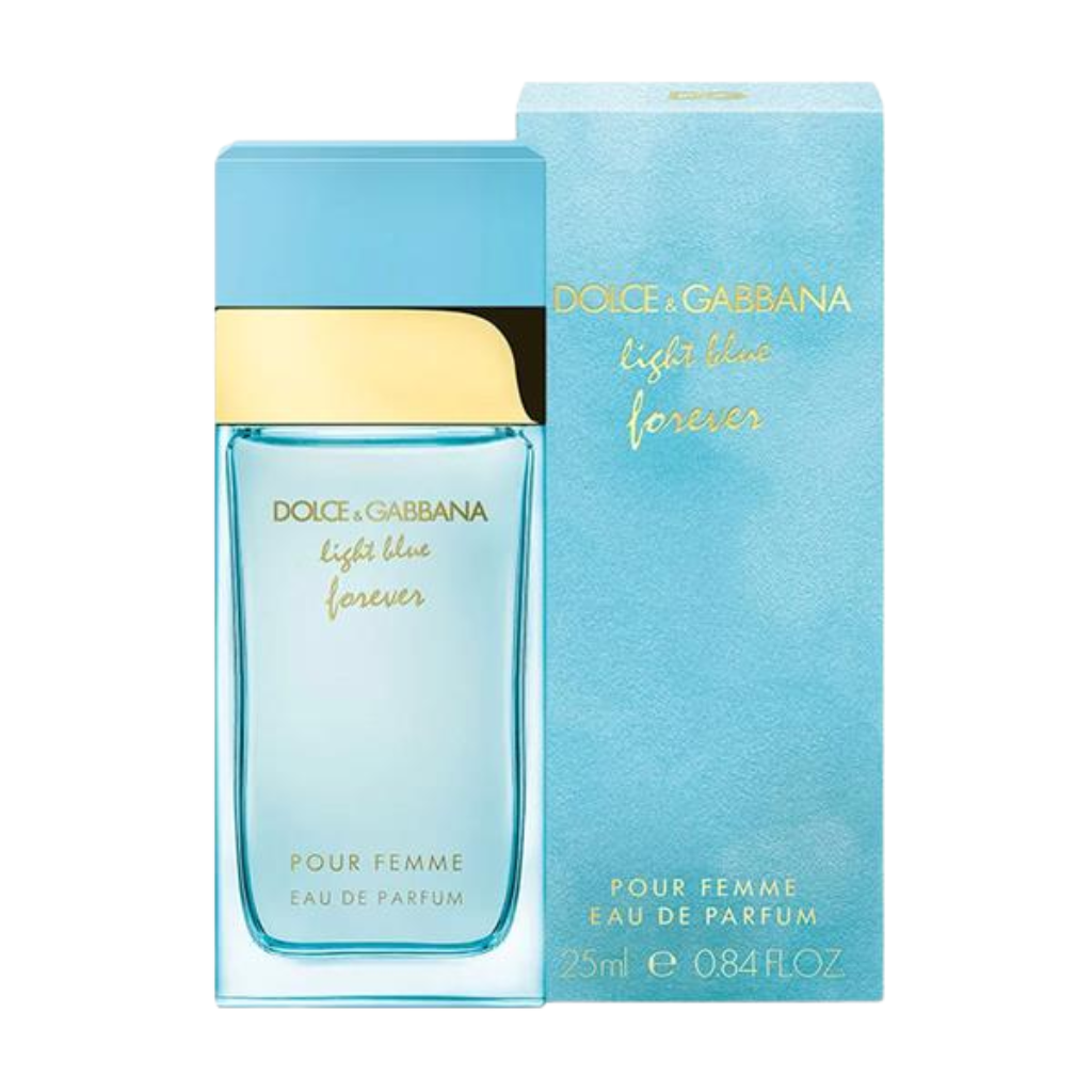 Dolce & Gabbana Light Blue Forever EDP perfume bottle and matching blue box with gold accents and text