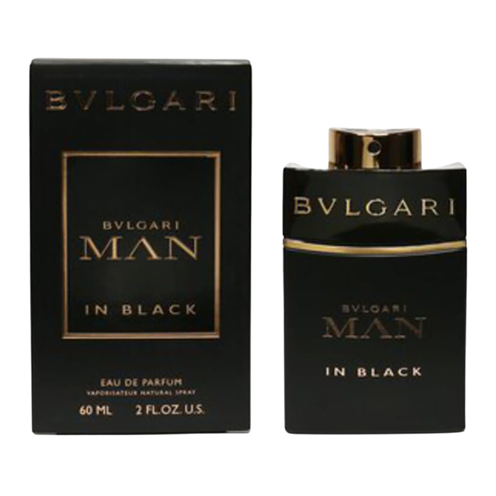 Black and gold Bvlgari Man in Black perfume bottle and box against white background, labeled Man In Black EDP