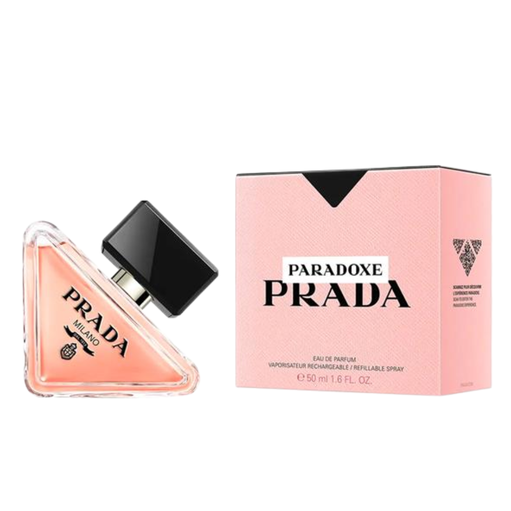 Elegant triangular perfume bottle with black cap and pink box packaging of Paradoxe EDP fragrance decants by Arvella Fragrance
