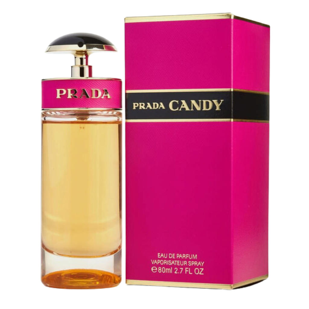 Prada Candy EDP perfume bottle and vibrant pink gold-trimmed box, luxury fragrance for women displayed.