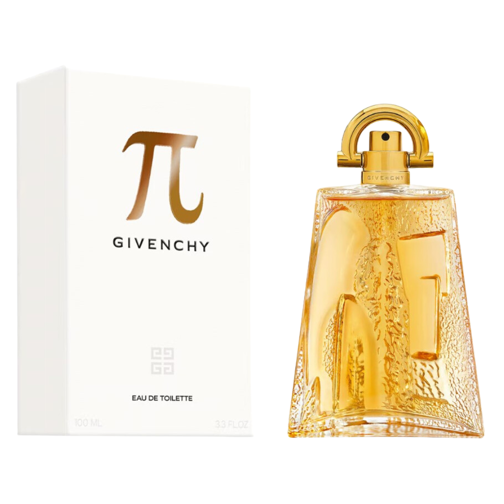 Pi EDT fragrance bottle with golden liquid and white packaging featuring a stylish pi symbol and Givenchy branding