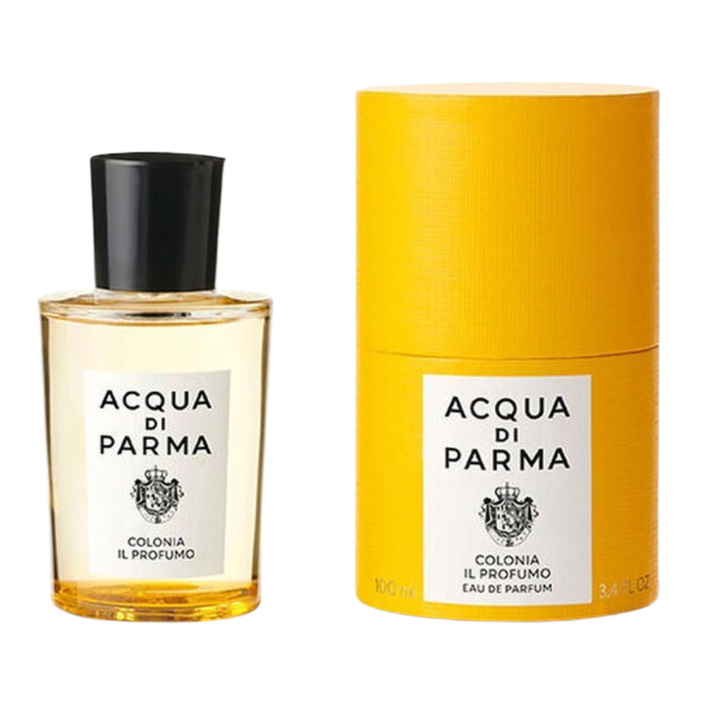 Colonia Il Profumo EDP perfume bottle and yellow cylindrical packaging box side by side.