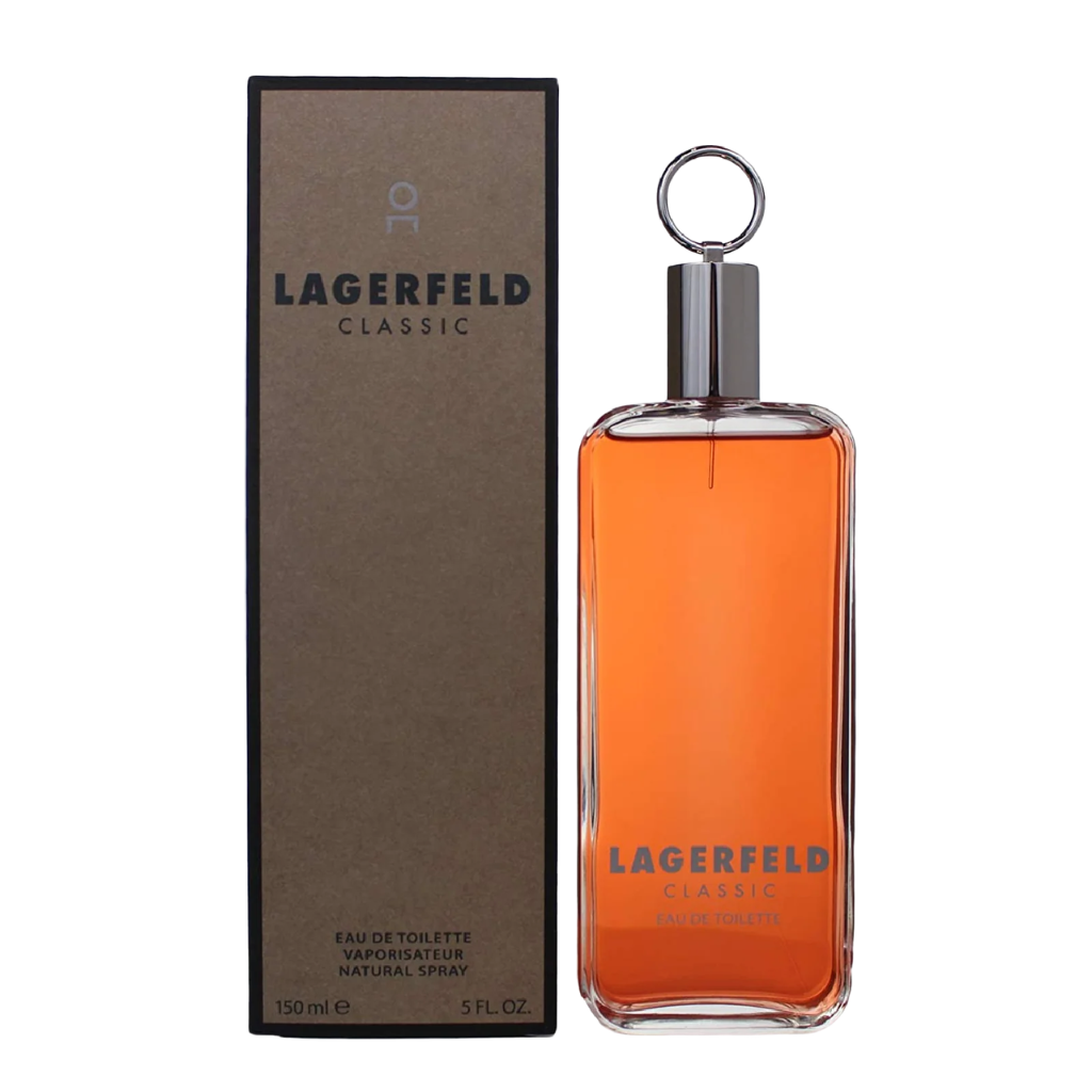 Lagerfeld Classic EDT bottle with amber liquid and matching brown packaging for designer perfumes and niche fragrances