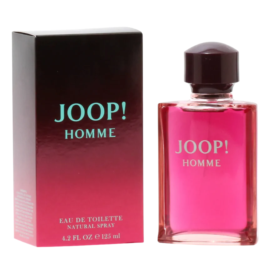 Joop Homme EDT perfume bottle with dark gradient packaging, featuring bright pink liquid and bold blue text branding.