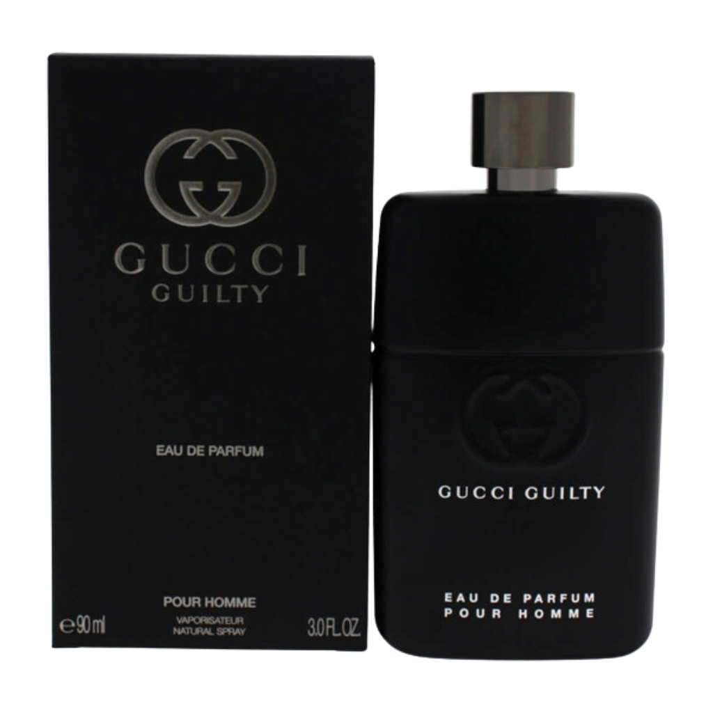 Guilty Pour Homme EDP black bottle with silver cap next to matching black packaging box for men fragrance