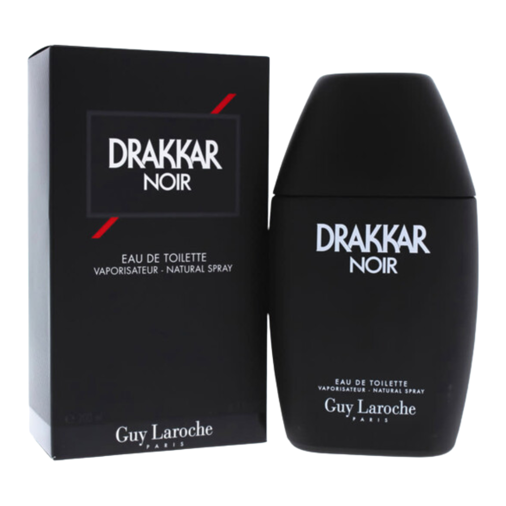 Drakkar Noir EDT black matte bottle and box with white and red text for elegant fragrance packaging design
