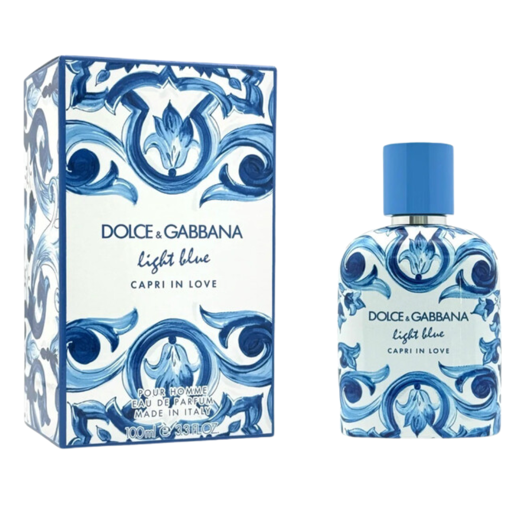 Dolce & Gabbana Light Blue Capri In Love for Men EDP perfume bottle and box with blue ornamental design