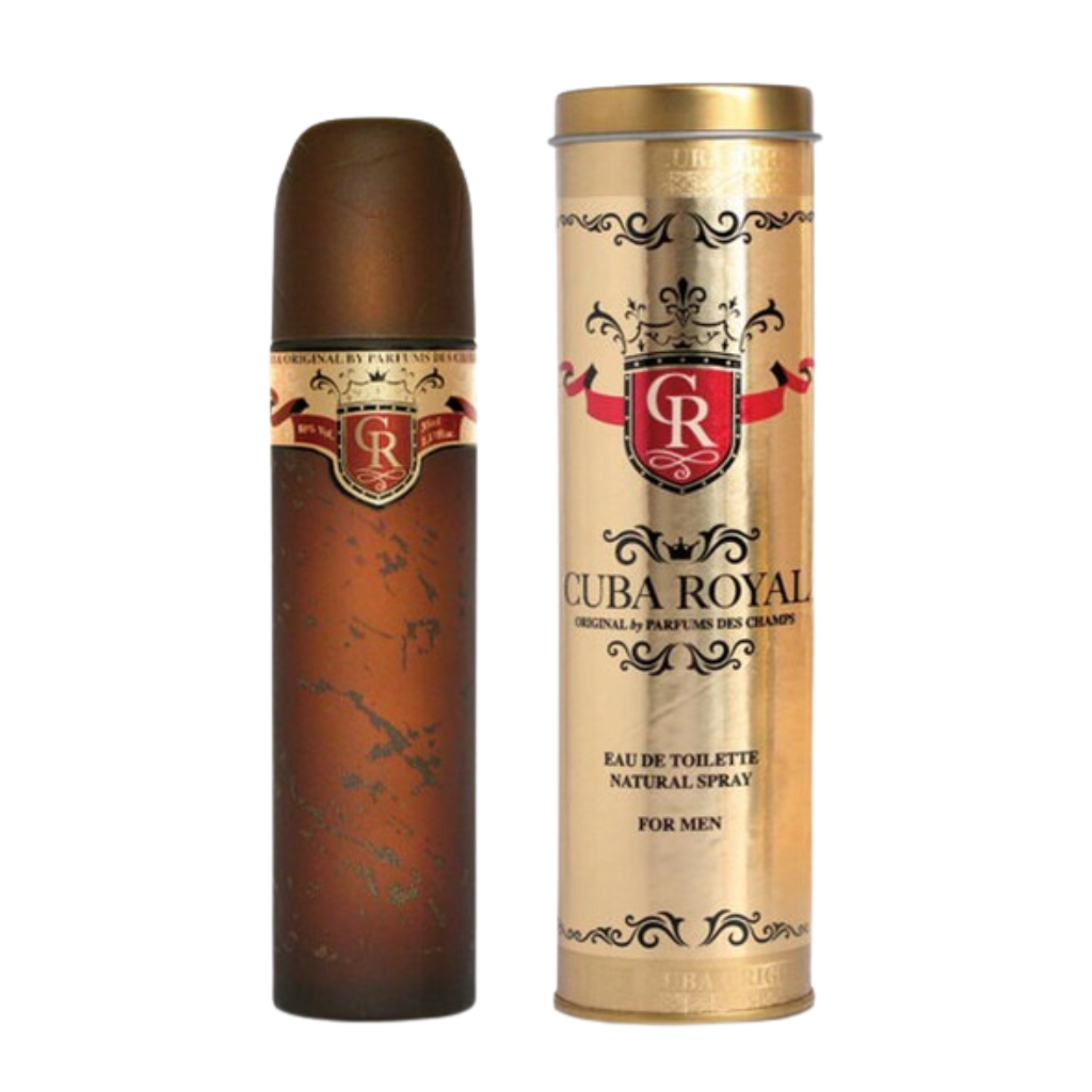Royal EDT fragrance bottle and gold cylindrical packaging with red and black decorative crest design