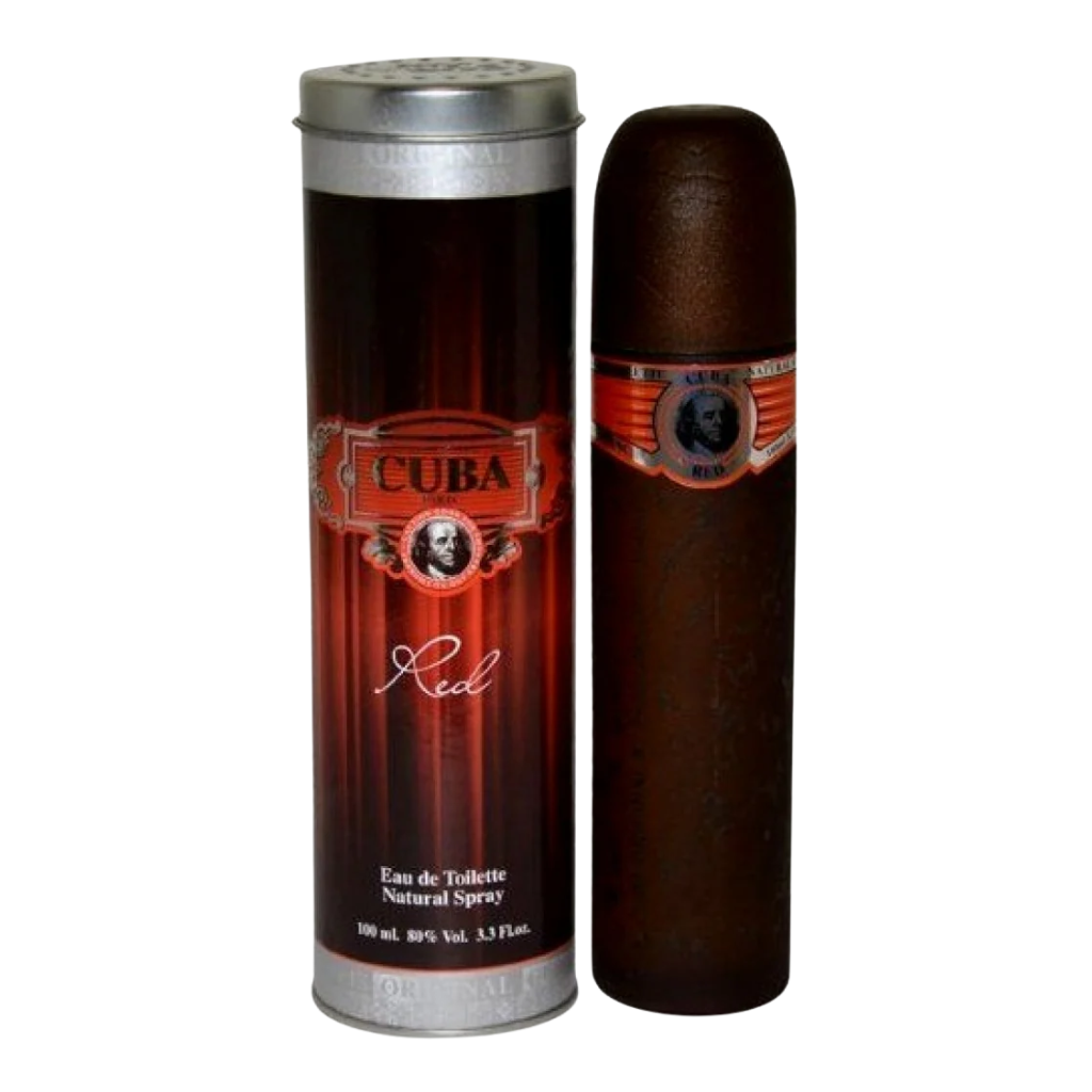 Cuba Red EDT fragrance bottle with matching metallic red and silver cylindrical case for men and women