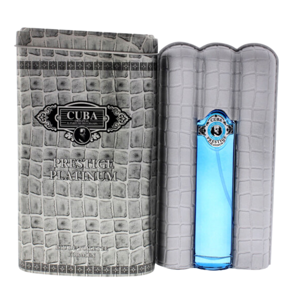 Prestige Platinum EDT in sleek blue bottle with textured silver-gray packaging, showcasing designer niche fragrance style.