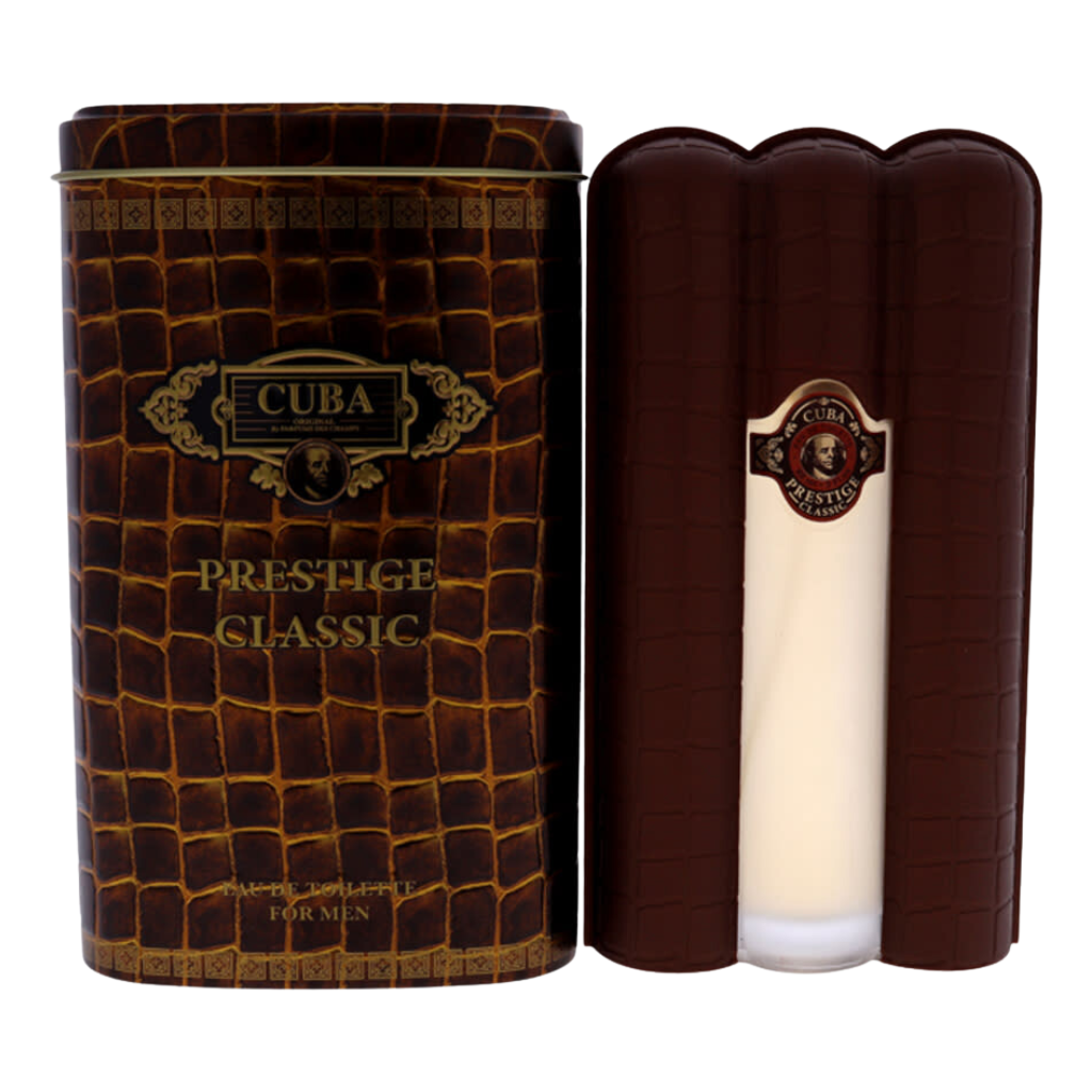 Prestige Classic EDT bottle in a dark brown textured case beside matching decorative tin container for fragrance decants.