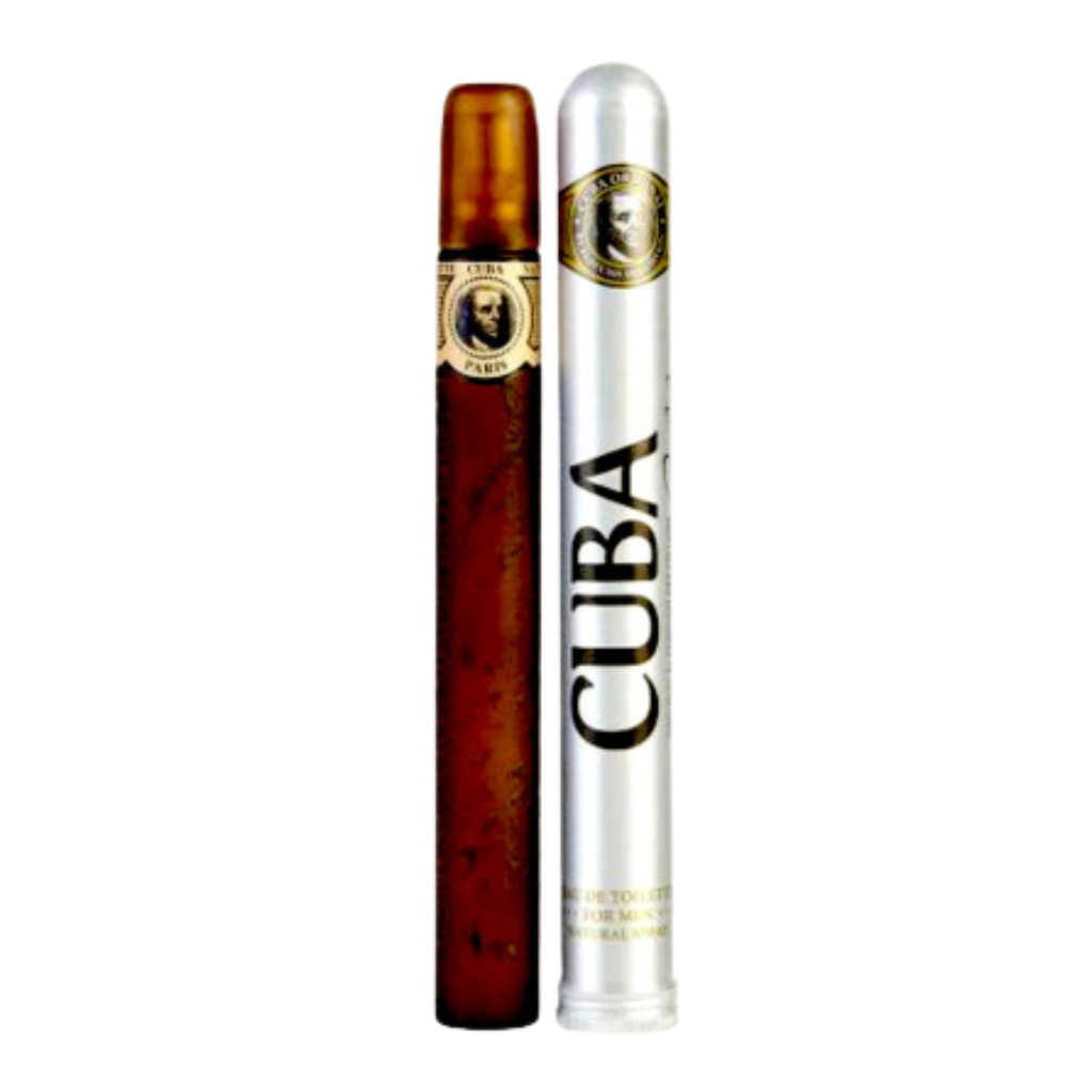 Two slim metal tubes, one gold and one silver, with labels and Gold EDT branding visible on the gold tube