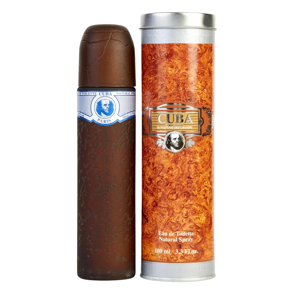 Cuba Blue EDT fragrance bottle resembling a cigar with matching cylindrical packaging for men’s cologne.