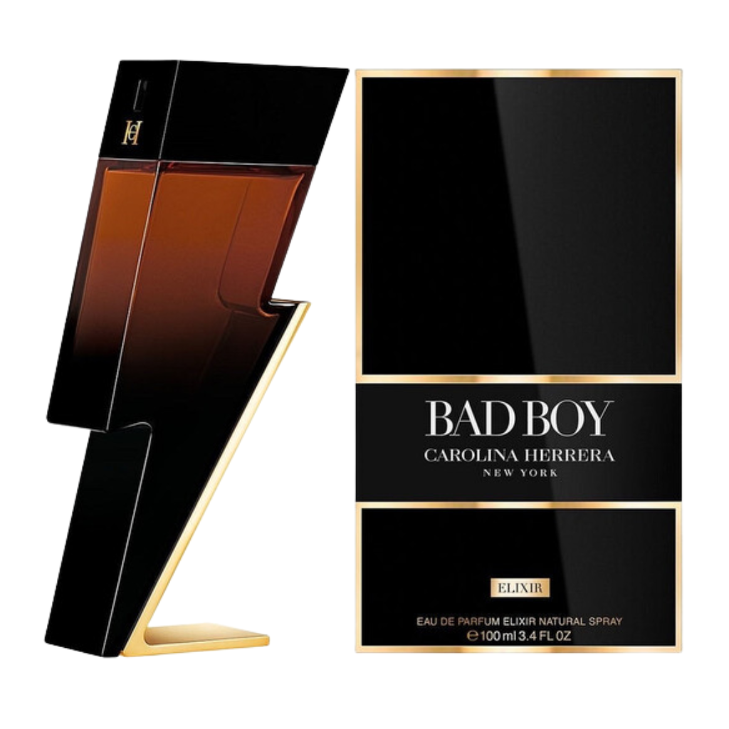 Bad Boy Elixir EDP perfume bottle and black and gold box with bold lightning bolt design and luxury branding.