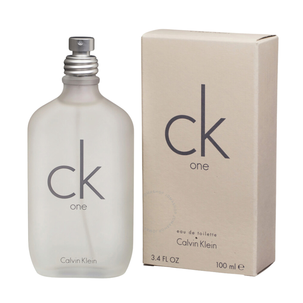 One EDT transparent spray bottle next to beige box with CK one branding by Calvin Klein