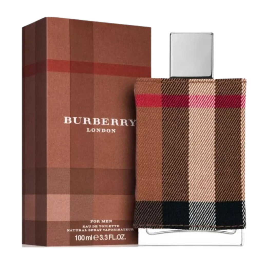 London For Men EDT bottle with signature check pattern next to a brown box packaging for men’s fragrance.