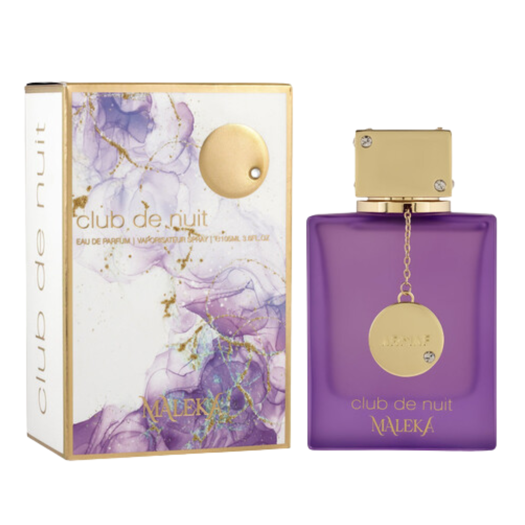 Club De Nuit Maleka EDP perfume bottle in purple with gold cap and matching artistic box packaging