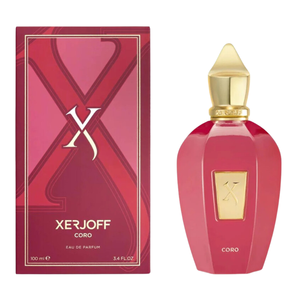 Coro EDP perfume bottle with gold cap next to red and gold accented packaging for designer fragrance decants.