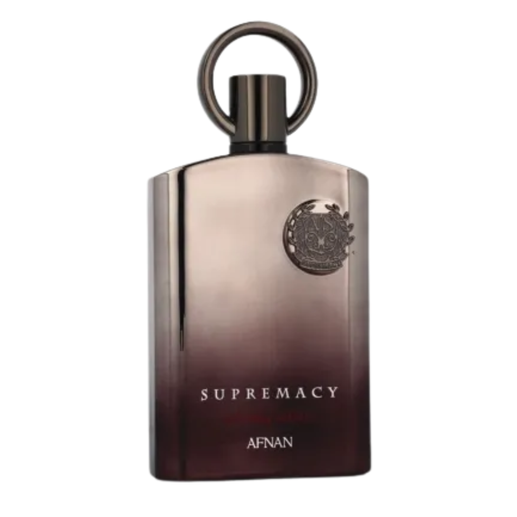 Elegant gradient perfume bottle with circular top and emblem, labeled Supremacy Not Only Intense Luxury Collection Extrait de Parfum