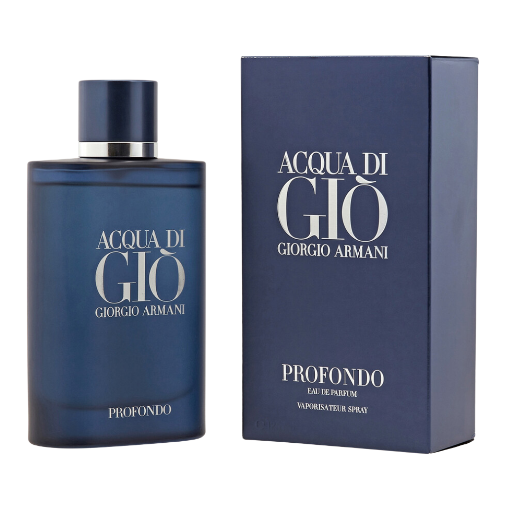 Acqua Di Gio Profondo EDP fragrance bottle and box in dark blue with silver lettering on white background