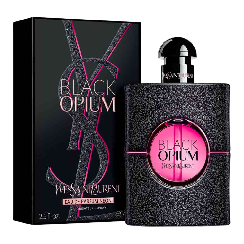 Black Opium Neon EDP perfume bottle with glittery black and neon pink design next to matching box packaging