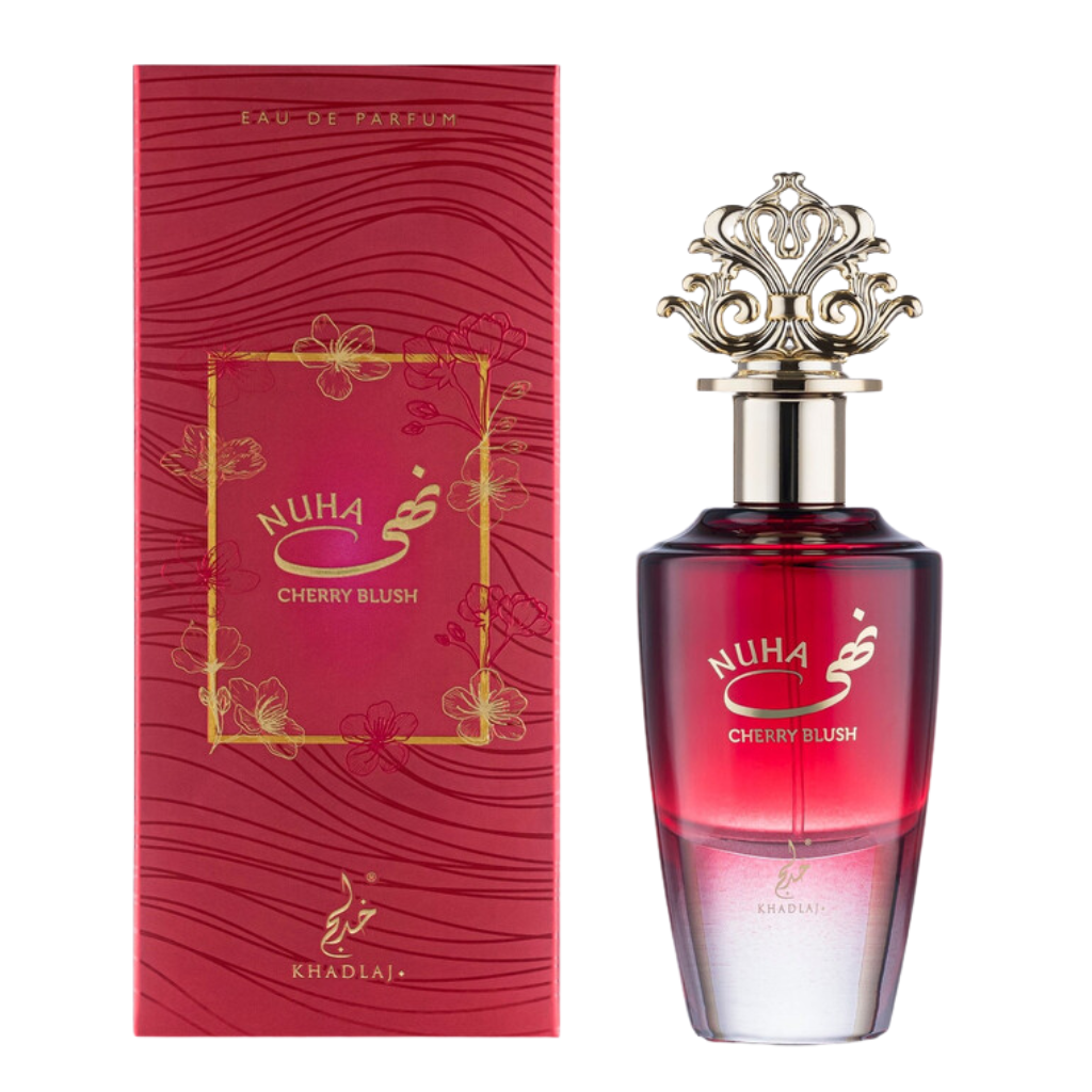 Elegant Nuha Cherry Blush EDP perfume bottle with ornate gold cap and matching decorative red packaging box.