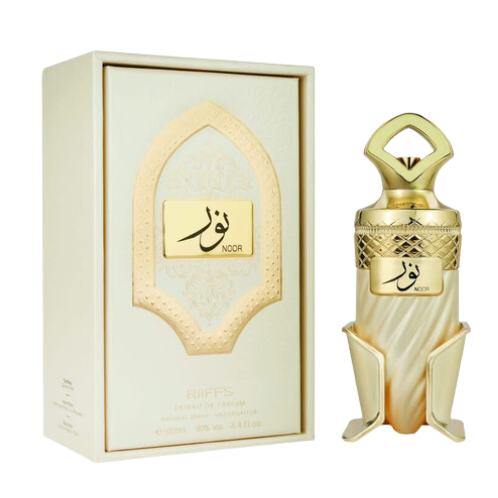 Luxurious gold and cream ornate bottle with matching box of Noor EDP fragrance by Arvella Fragrance for authentic perfume samples.