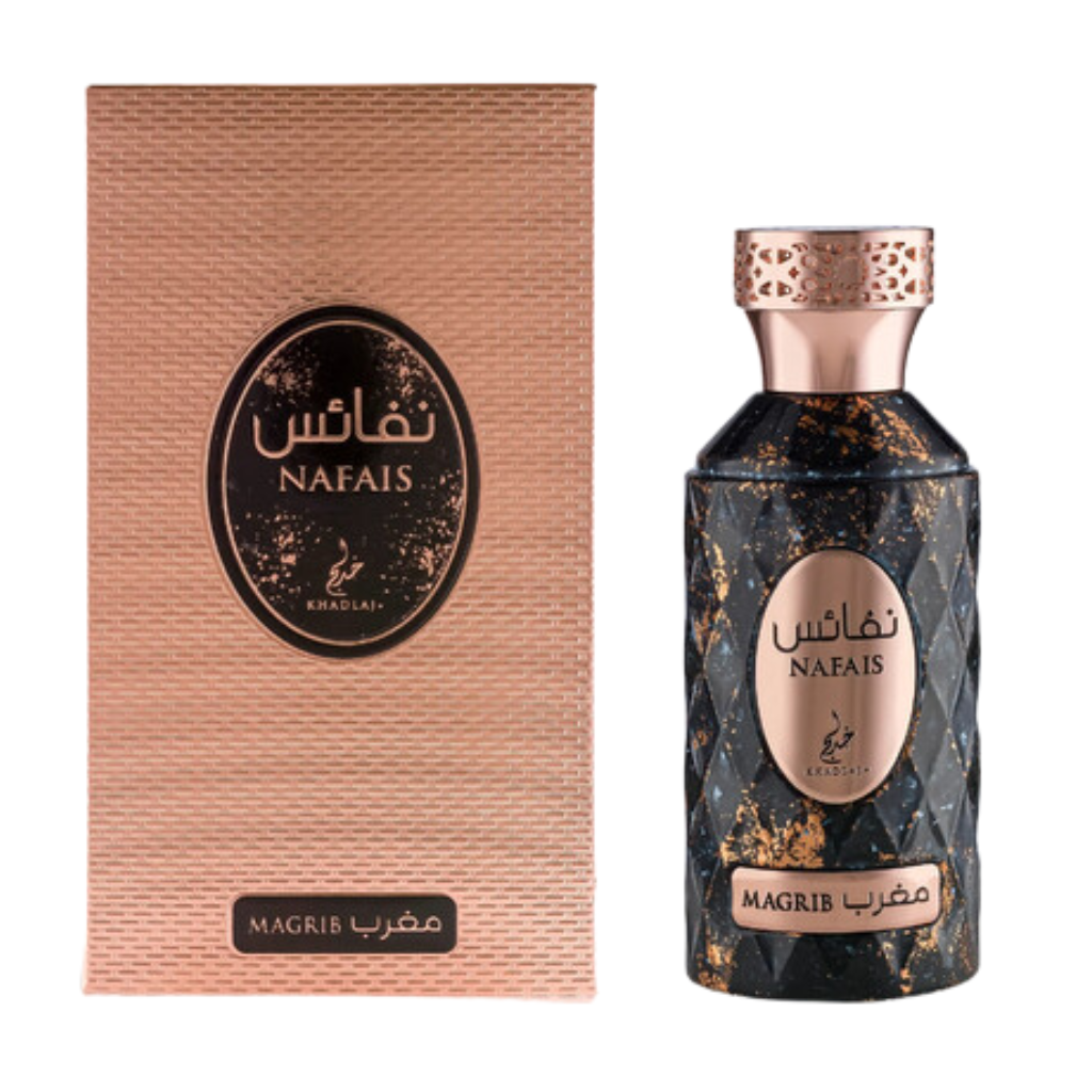 Nafais Magrib EDP perfume bottle with black and gold design next to textured brown packaging box