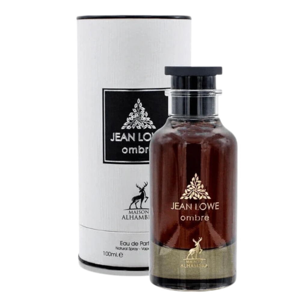 Jean Lowe Noir EDP perfume bottle with dark amber liquid and white cylindrical packaging in the background
